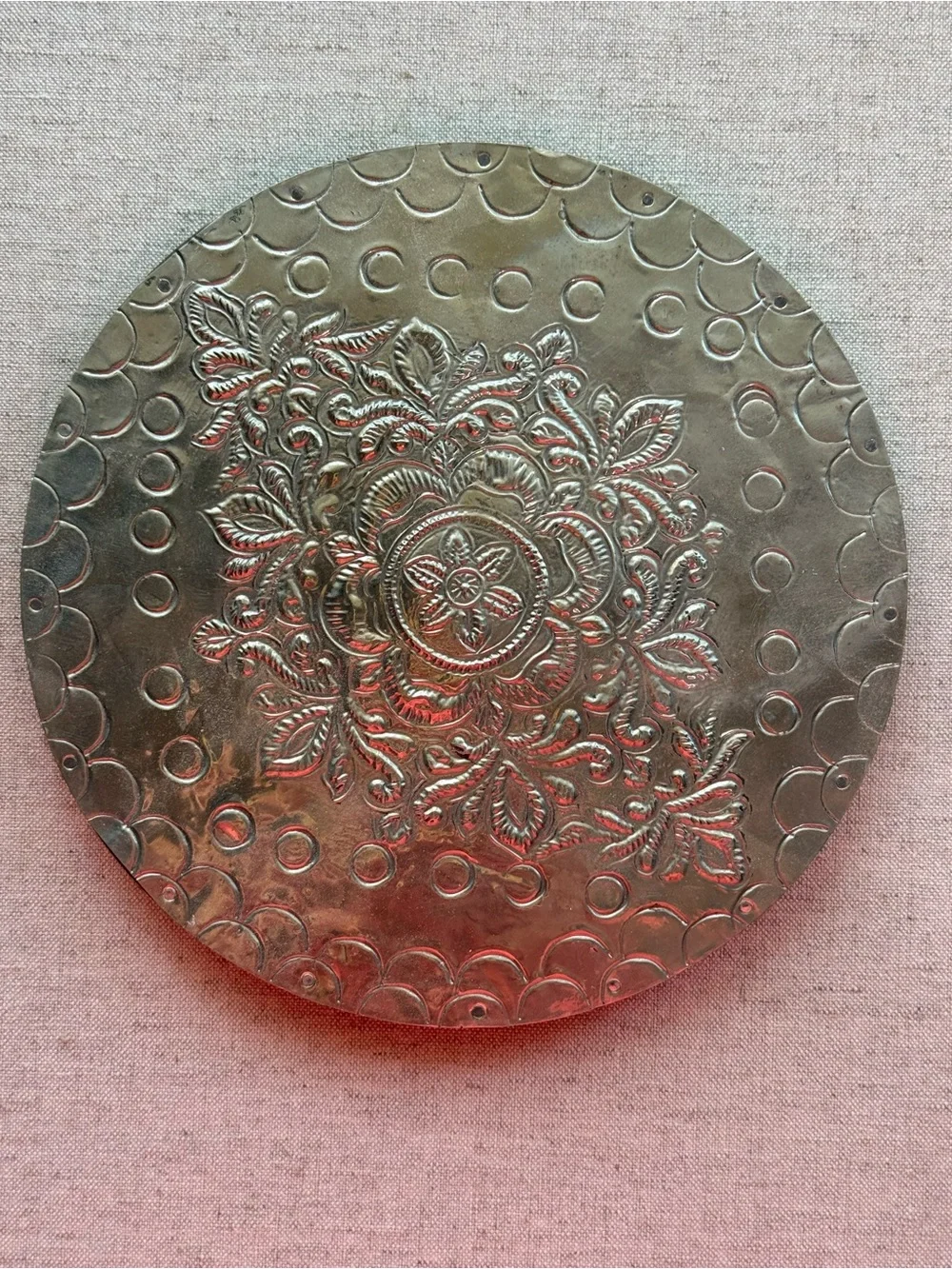 WORLD MARKET SILVER EMBOSSED FLORAL METAL TRIVET